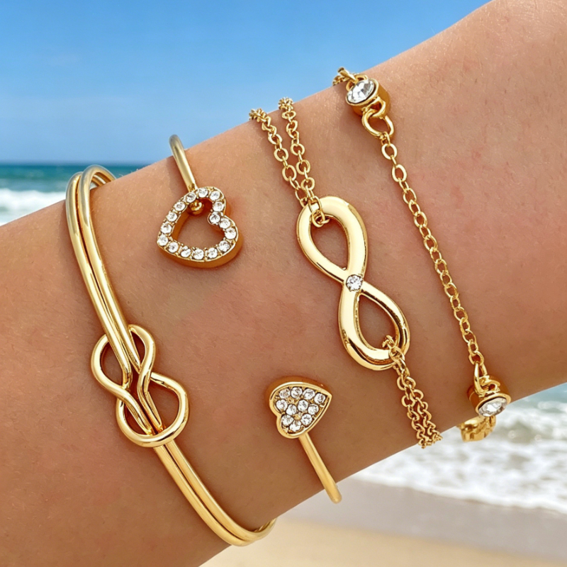 4pcs Heart Lucky 8-Letter Bracelet Open Bangle Set, Gift